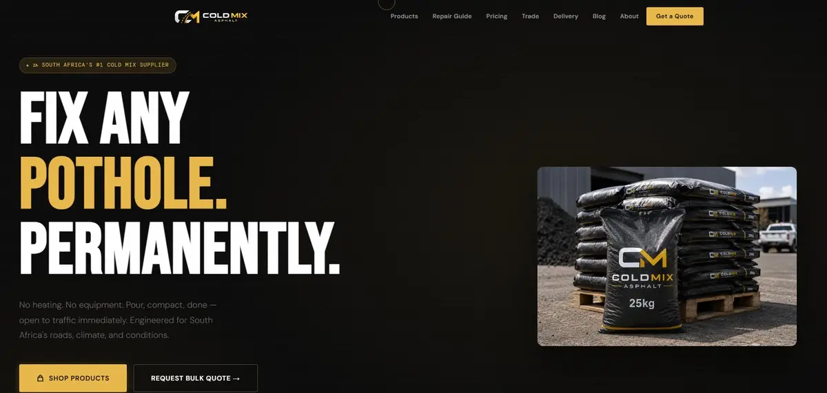 Screenshot of the Cold Mix Asphalt website